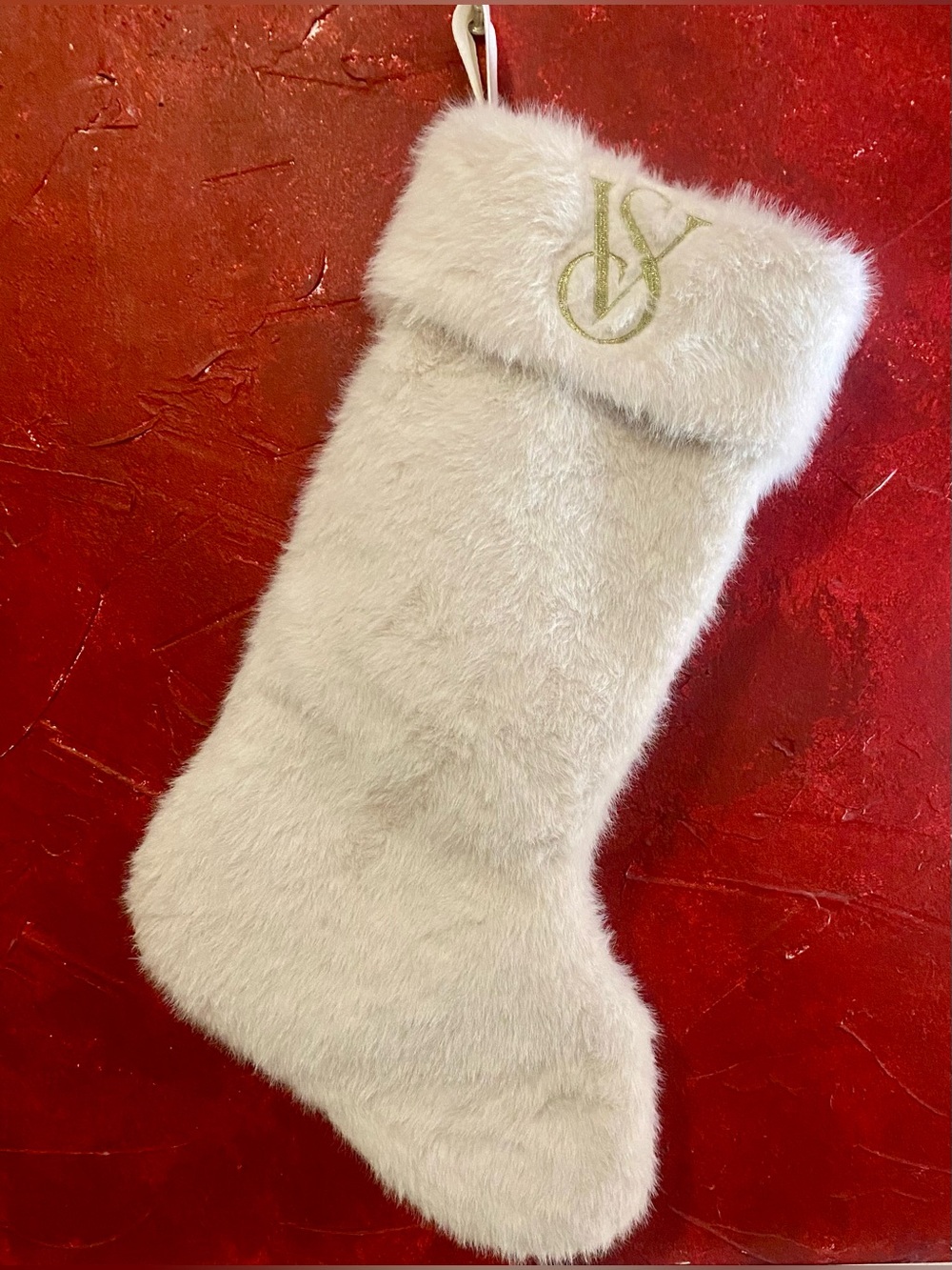 Victoria’s Secret Faux Fur Stocking, Cream Fuzzy Christmas Stocking